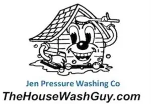 Cartoon house character pressure washing itself. Contact Jen Pressure Washing for a free quote!