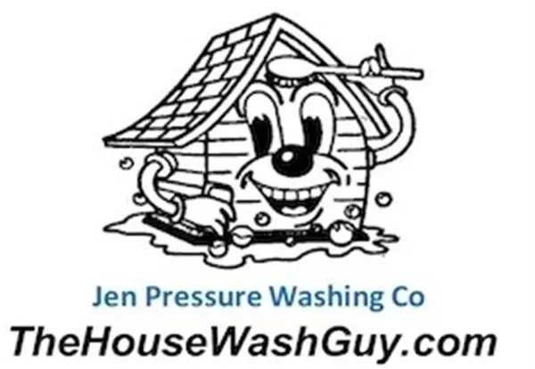 Cartoon house character pressure washing itself. Contact Jen Pressure Washing for a free quote!