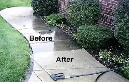Before and after pressure washing a concrete walkway, showcasing the cleaning power.