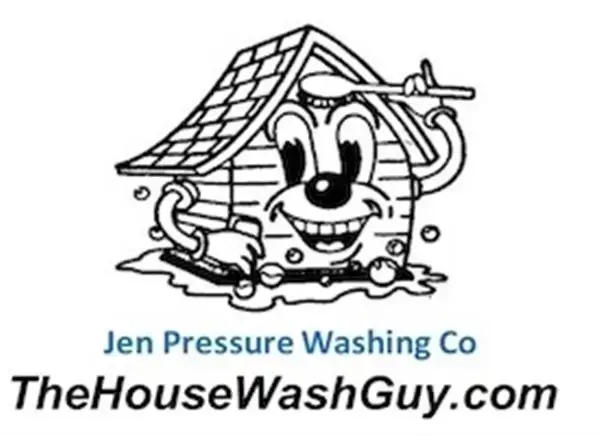 Cartoon house character pressure washing with "Jen Pressure Washing Co TheHouseWashGuy.com" text.