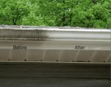 Before and after of a clean white gutter. Gutter cleaning service results.