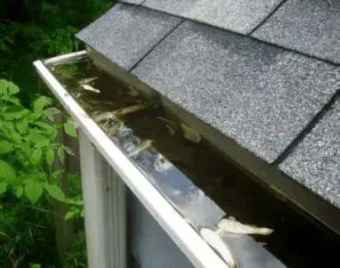 Clogged gutter filled with water and leaves. Gutter cleaning service needed.