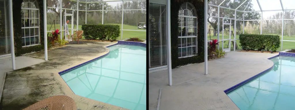 Before and after pool deck pressure washing showing a clean, bright pool area.
