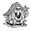 Cartoon house with a smiling face, pipe arms, and a paintbrush on the roof